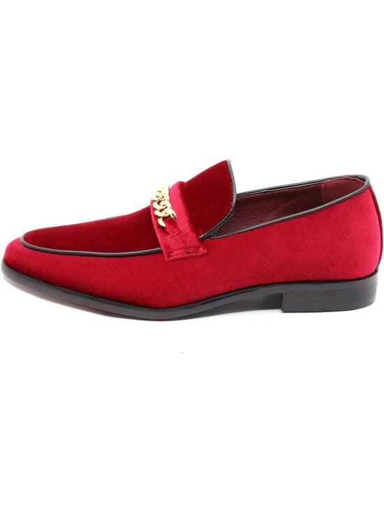 Metrocharm Men\'s Red Vintage Velvet Loafers Gold Chain Buckle Slip On Shoes main image 7